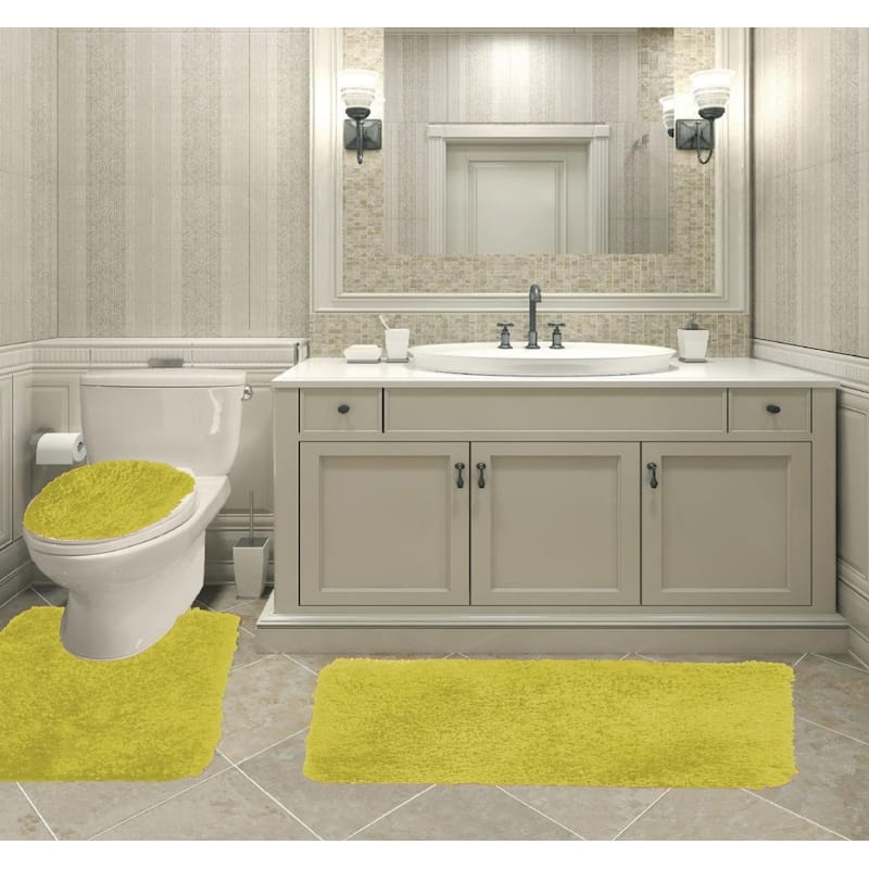 Queen Mary 3 Piece Bathroom Rug Set, Luxury Soft Plush Bath Mat, Contour Rug, Lid Cover, Non-Slip - Yellow