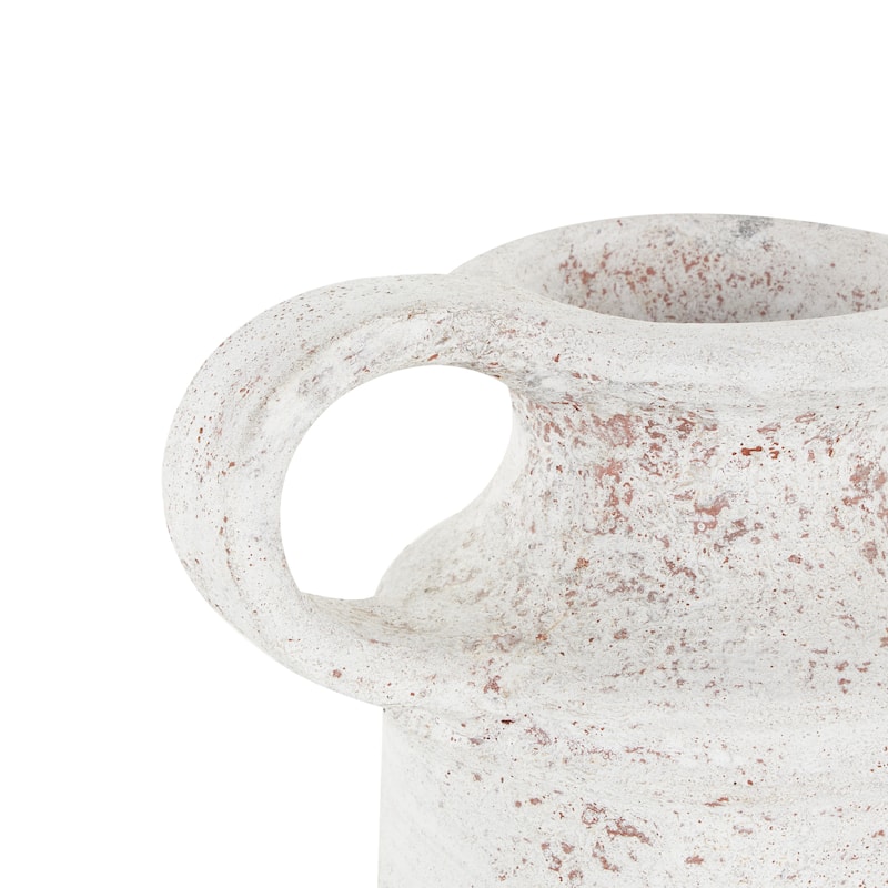 White Ceramic Antique Style Textured Decorative Vase with Terracotta Accents and Ring Handle