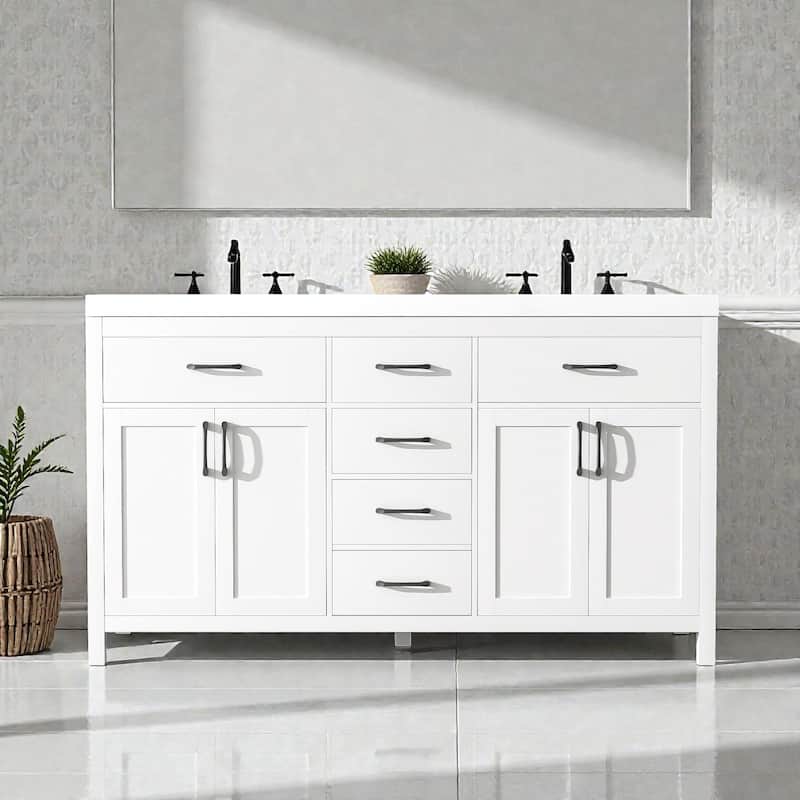 59.3" Modern Double Sink Bathroom Vanity with SMC Sinks, Solid Wood Frame, Soft-Close Doors & Drawers, Adjustable U-Shaped Shelf