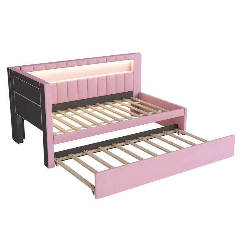 Twin Size Upholstered Platform Bed with USB Ports, LED Lighting, and Trundle in Pink