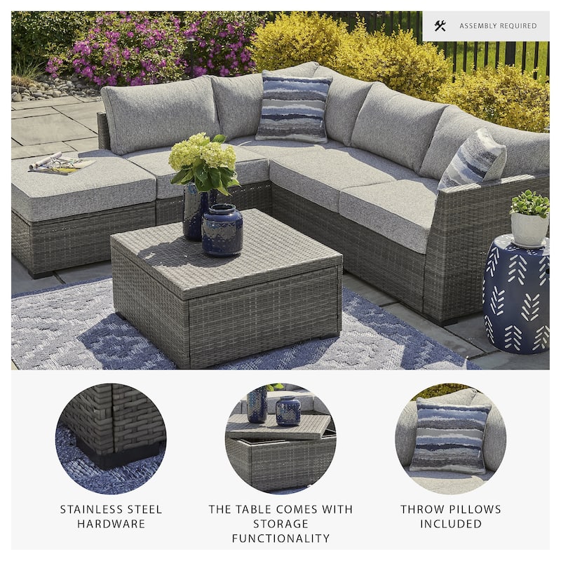 Signature Design by Ashley Petal Road Gray Outdoor Loveseat Sectional/Ottoman/Table Set (Set of 4)