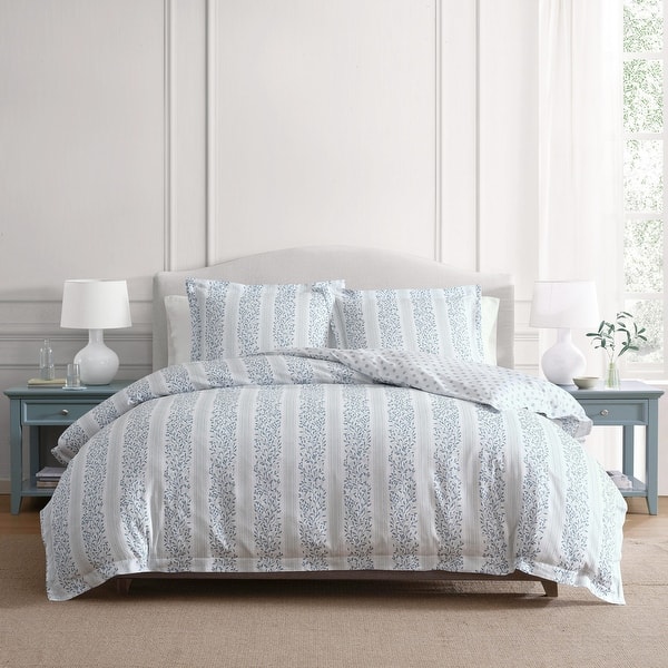 Martha Stewart Verbena Stripe Cotton Reversible Blue Duvet Cover Set - Full - Queen