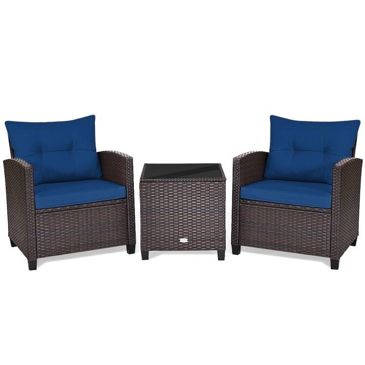 3 Pieces Rattan Patio Furniture Set with Washable Cushion - Chair: 26.5" x 26.5" x 30" - Navy