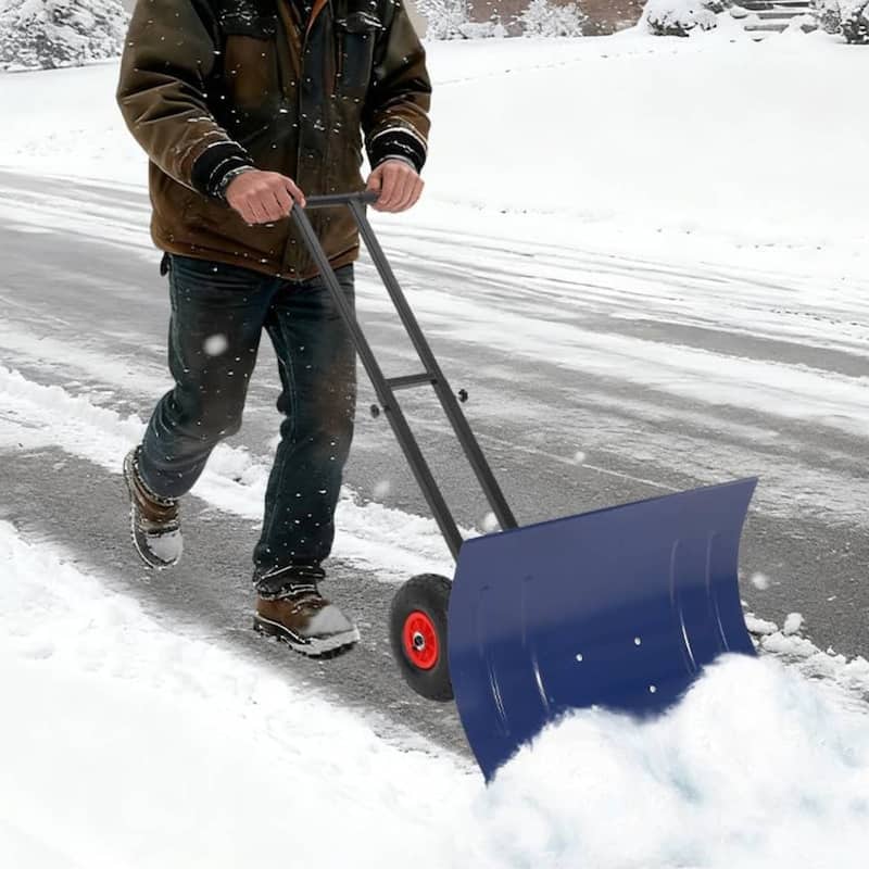 Heavy Duty 30-Inch Wheeled Snow Shovel with Adjustable Ergonomic Handle - Blue