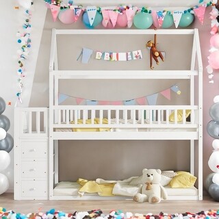 Twin/Twin House Bunk Bed with Storage Shelves and Drawers