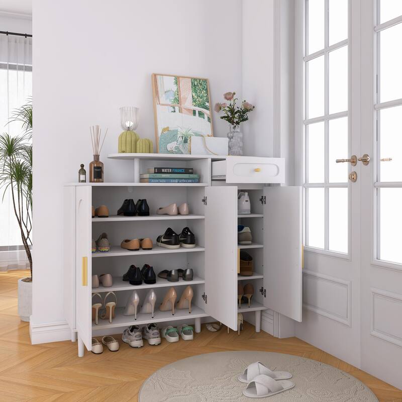 Shoe Cabinet with Arched Doors and Drawer, Storage Sideboard with Adjustable Shelves and Solid Wood Legs