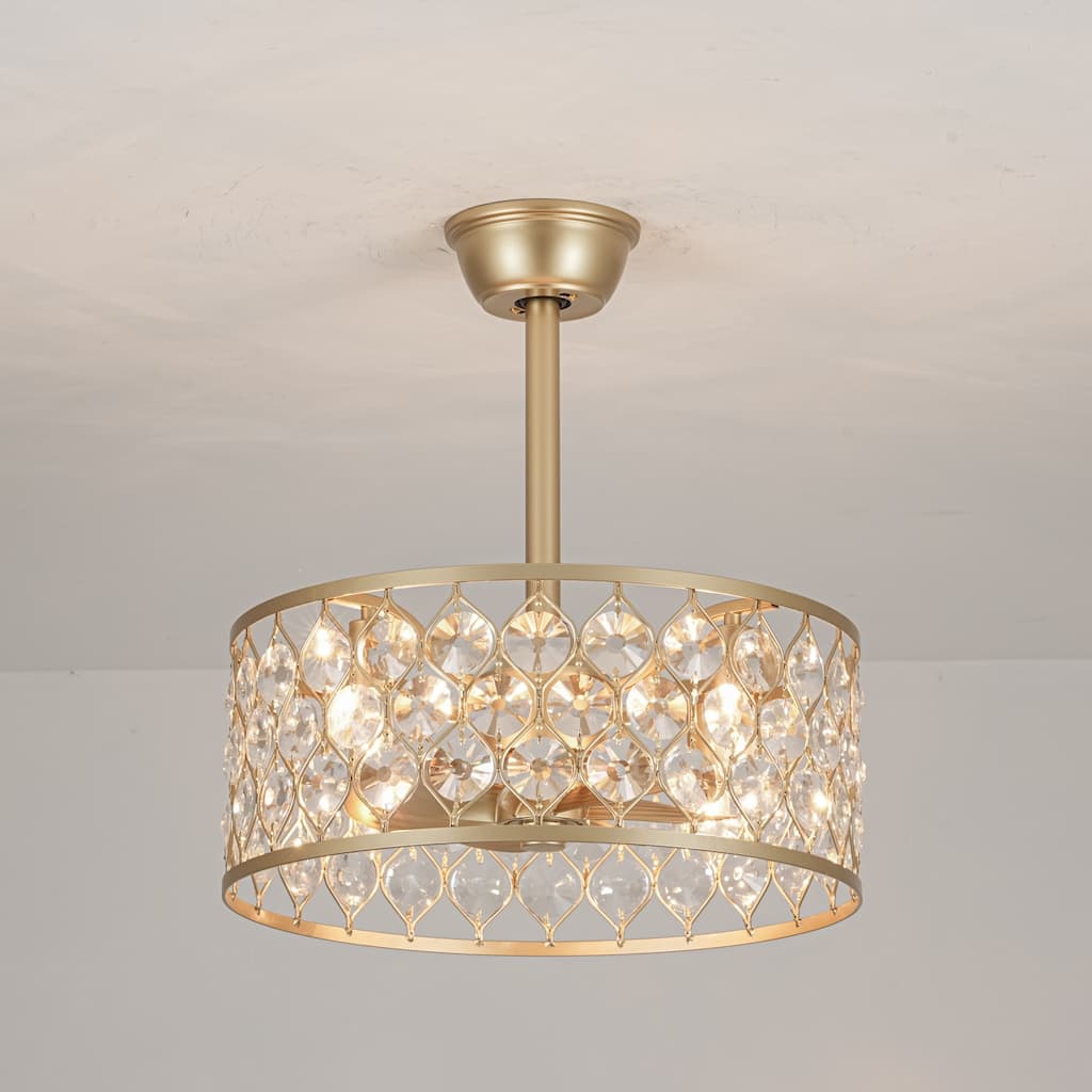 4-Light Luxury Crystal Gold Ceiling Fan Light with Remote for Living Room - 18.5 in. W x 7.9 in. H