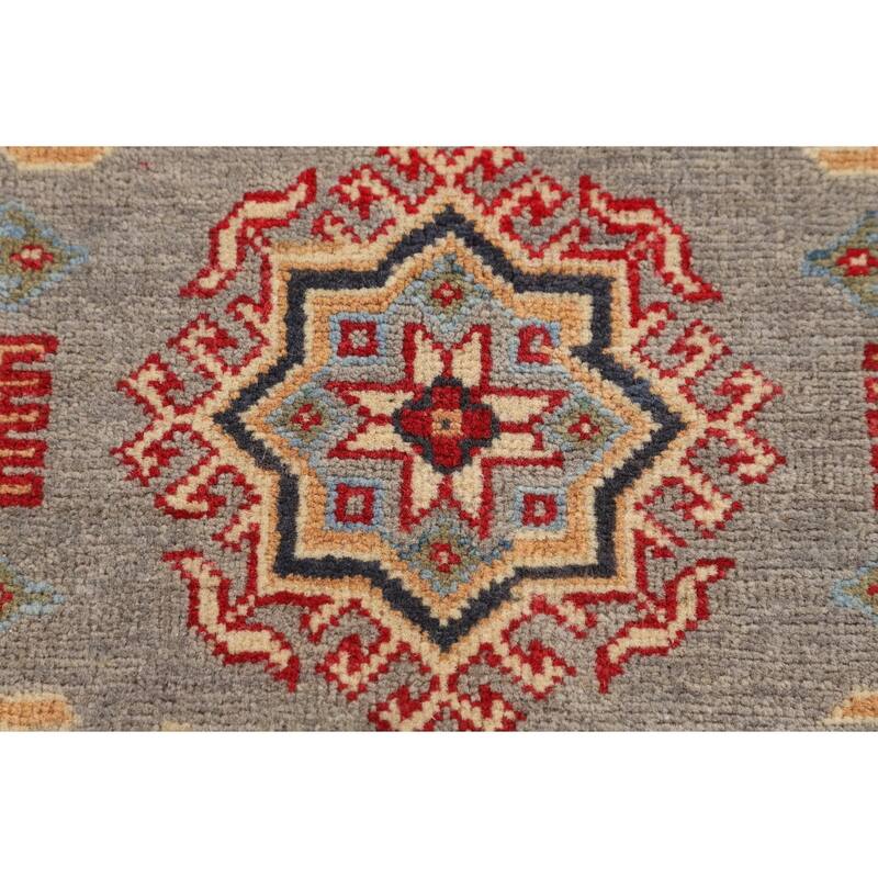 Gray Geometric Kazak Accent Rug Hand-Knotted Wool Carpet - 2'8" x 4'1"