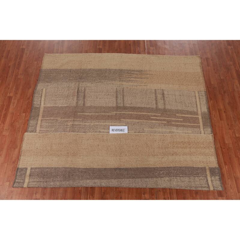 Hand Woven Oriental 100% Jute Carpet Modern Stripe Brown Kilim Area Rug - 9' 9'' X 8' 7''