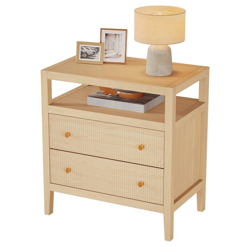 Nightstand with Drawer, Bedside Table with Open Storage Shelf, Living Room Bedroom Accent Side Table