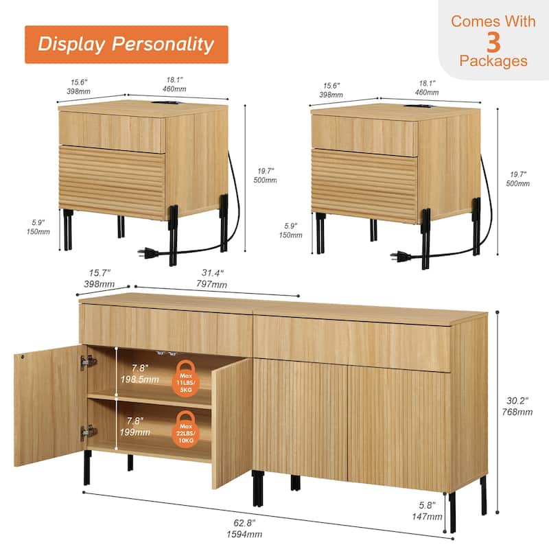 4 Pcs Bedroom Set，Wooden Dresser and Nightstand Sets, Reeded Dresserwith Doors, Night Stand of 2 with Charging