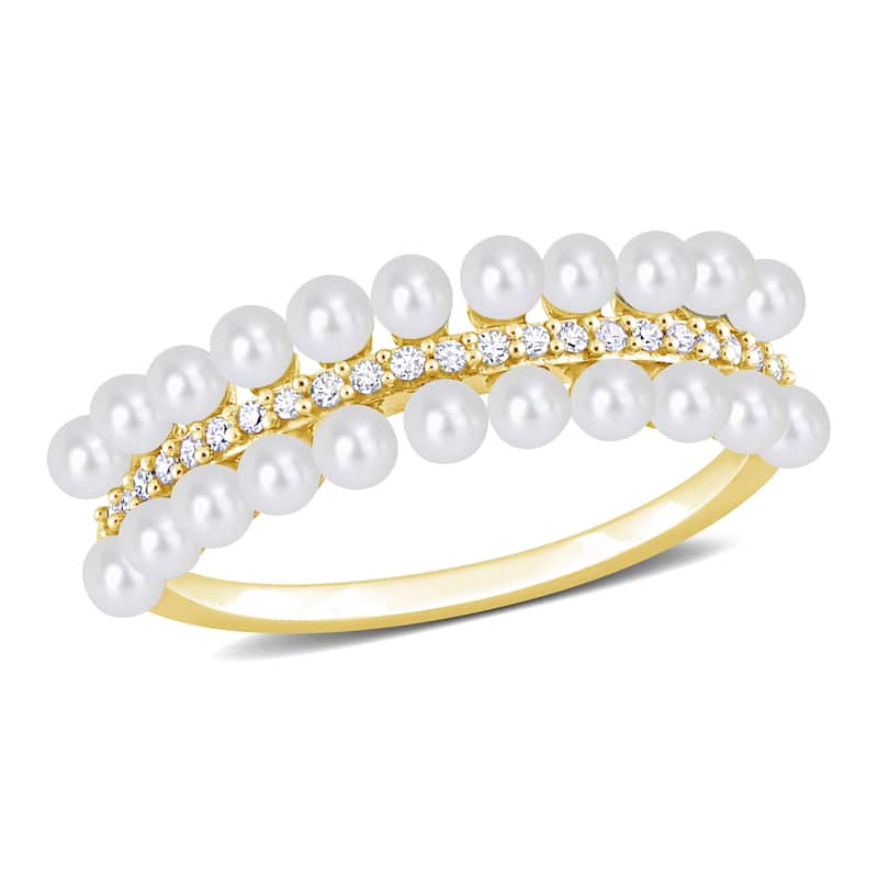 Miadora White Cultured Freshwater Pearl and 1/10ct TDW Diamond Multi-row Eternity Ringing 10k Yellow Gold