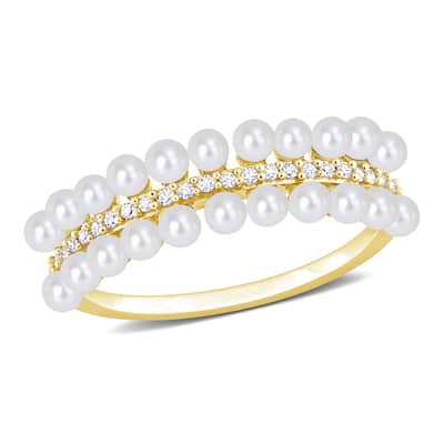 Miadora White Cultured Freshwater Pearl and 1/10ct TDW Diamond Multi-row Eternity Ringing 10k Yellow Gold