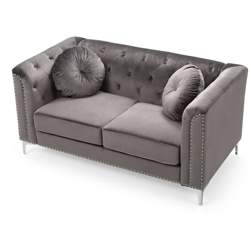 Velvet Button Tufted Loveseat with Throw Pillows - 62" - Dark Gray