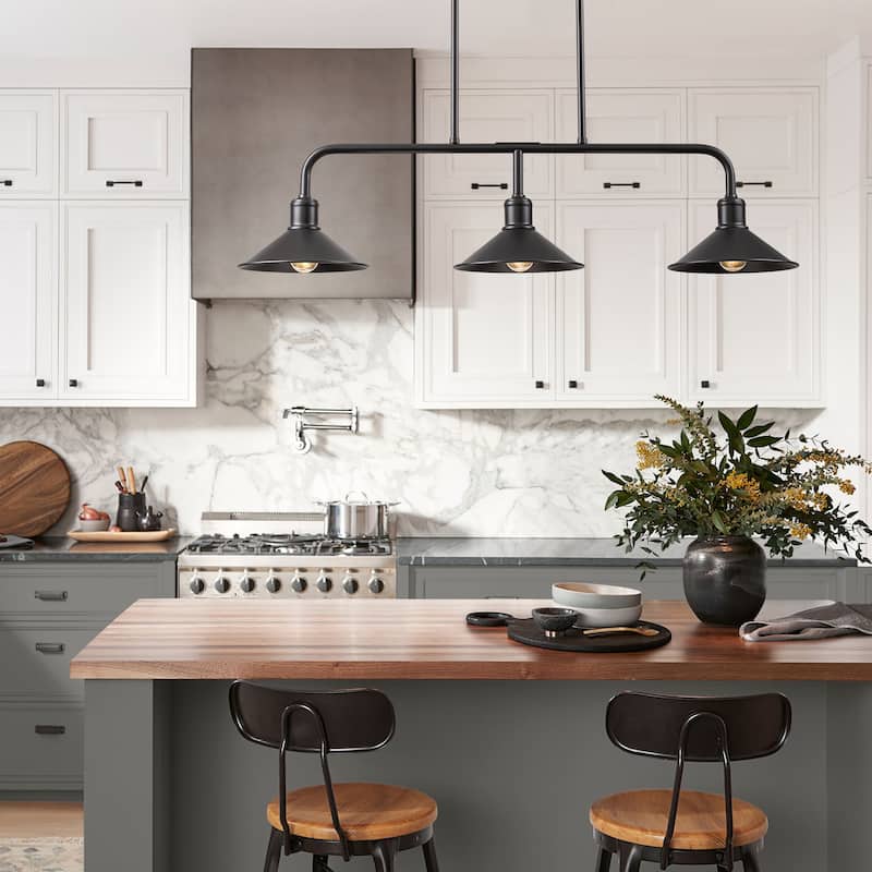 34" Modern Industrial Farmhouse Black Linear 3-Light Island Pendant Light with Cone Shades for Kitchen and Dining Room