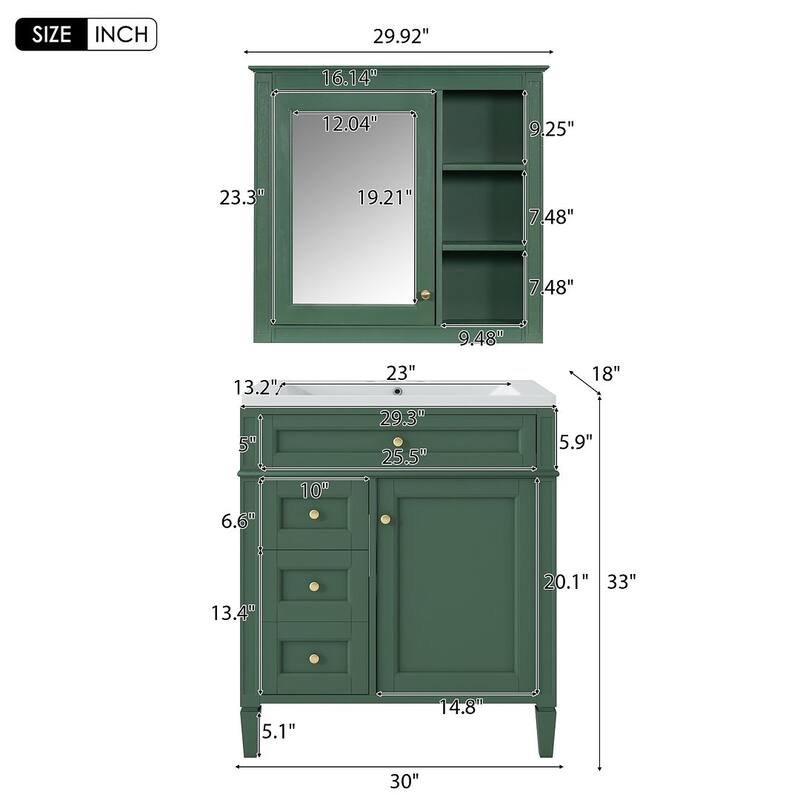 30" Modern Bathroom Vanity with Top Sink and 2 Drawers and a Tip-out Drawer