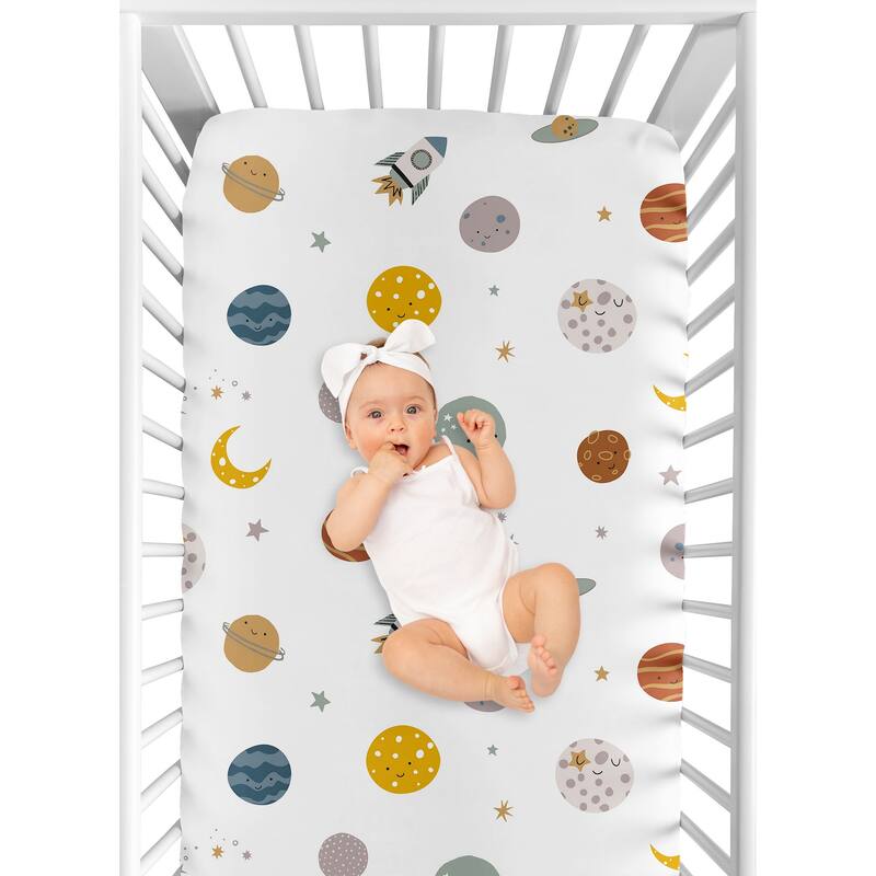 Sweet Jojo Designs Space Themed Boy Fitted Crib Sheet - Moon & Stars, Whimsical, Outerspace, Galaxy Planets, Rockets Ship, Moons