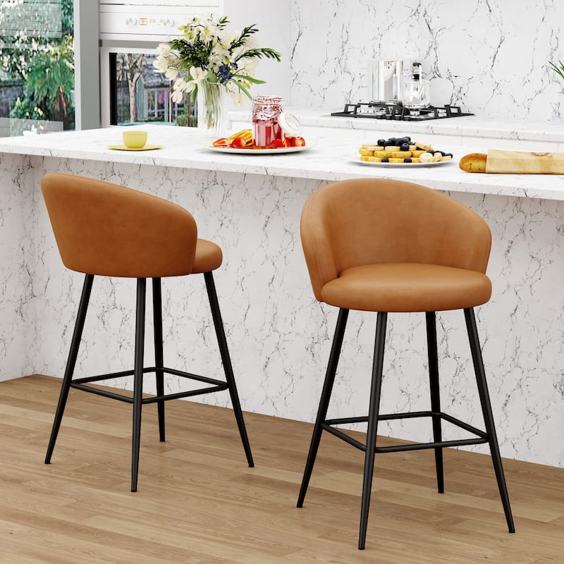 Upholstered Counter & Bar Stools With Metal Frame, Bar Chairs for Kitchen lsland with back and footrest - Bar Height - Brown - Set of 2