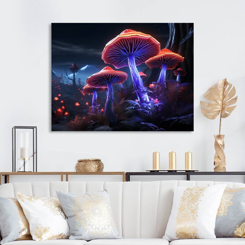 Designart "Magical Mushrooms Glowing Midnight Forest I" Mushroom Canvas Art Print