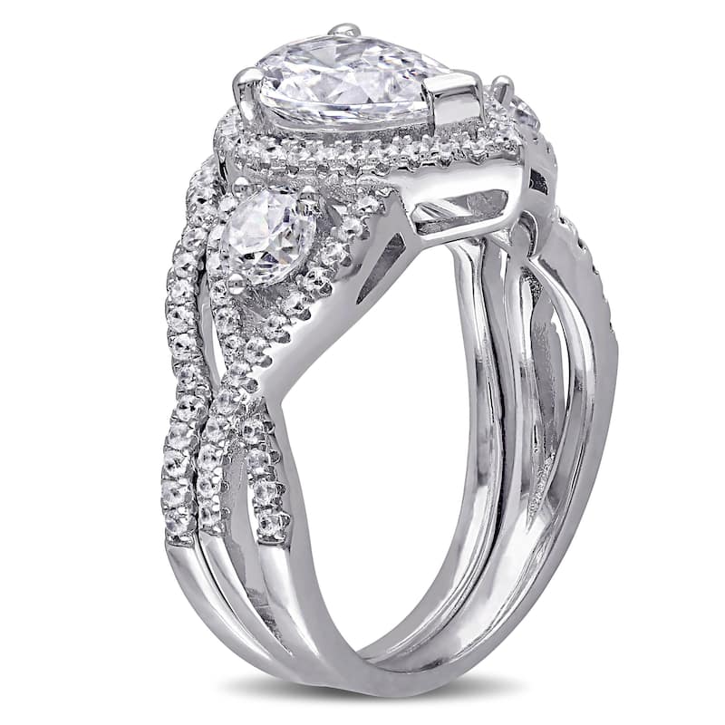 Miadora 3.85 CT TGW Halo Pear Shaped Cubic Zirconia Bridal Set in Sterling Silver