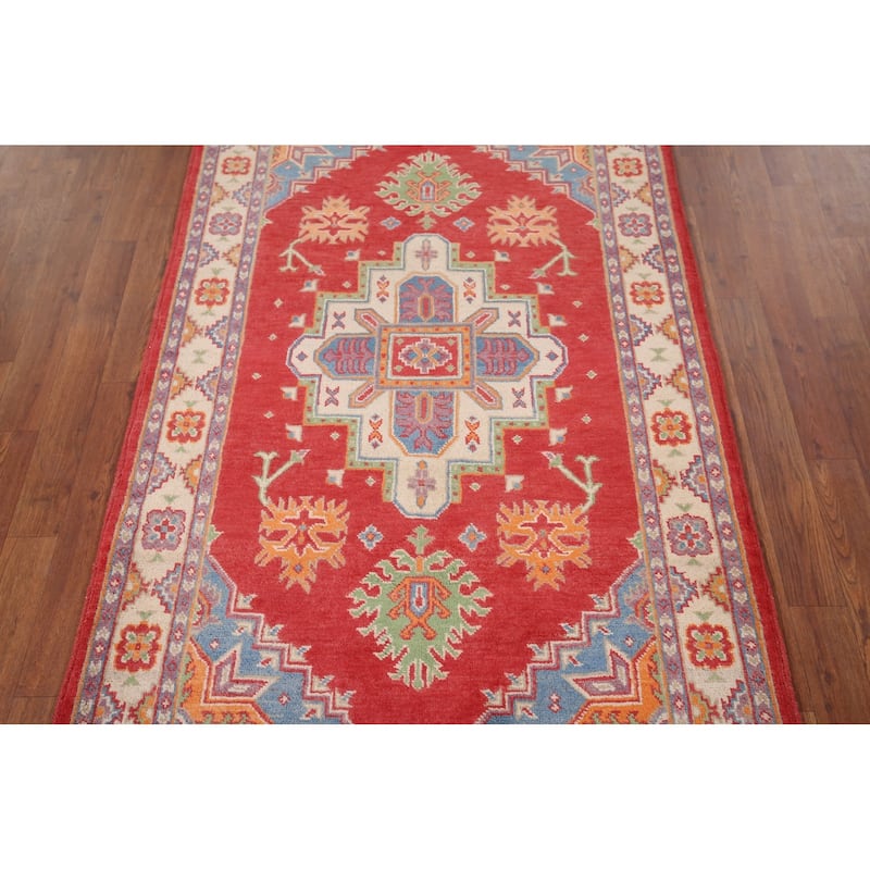 Geometric Kazak Accent Rug Hand-Knotted Traditional Wool Carpet - 3'5" x 5'2"