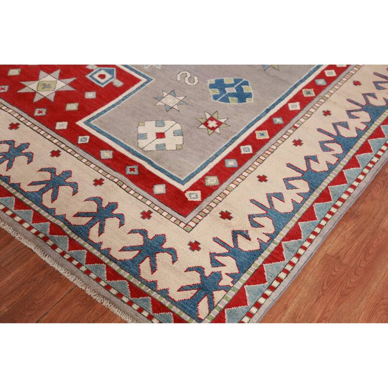 Hand Knotted Oriental 100% Wool Carpet Traditional Geometric Greys & Charcoal Kazak Area Rug - 9' 6'' X 7' 9''