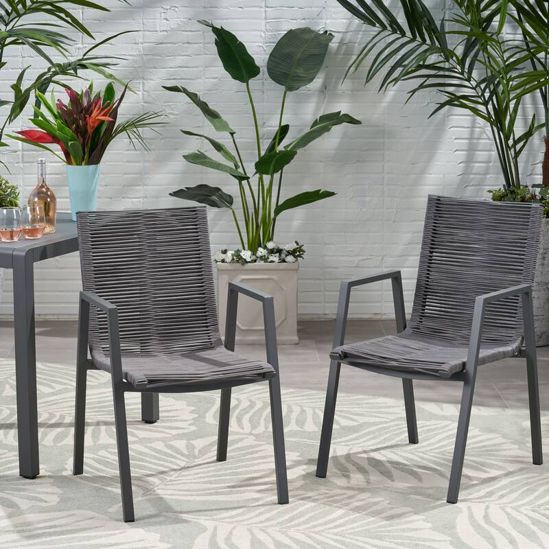 2 Piece Outdoor Modern Aluminum Dining Chair Set with Rope Seat for Patio, Balcony, Backyard