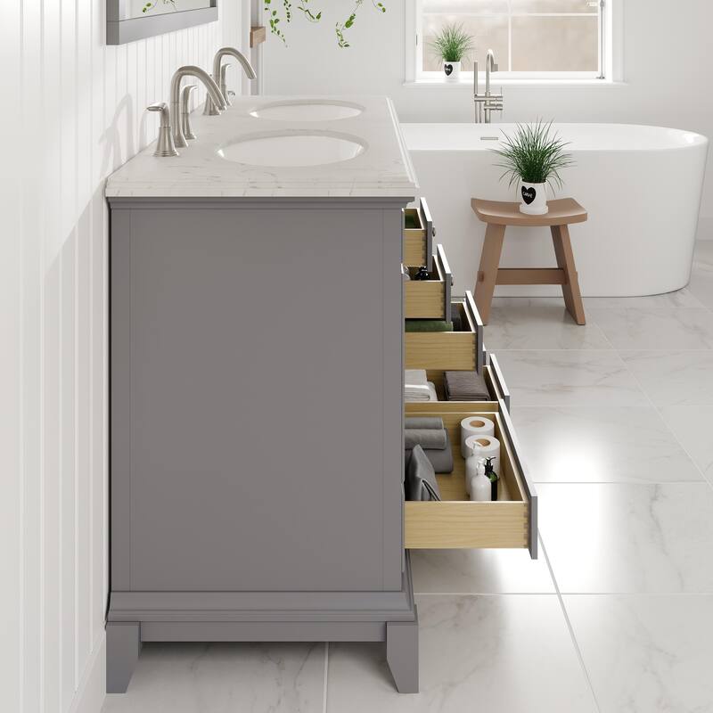 Elite Stamford 48" White DS Bath Vanity with Carrara Quartz Top & Undermount Sinks