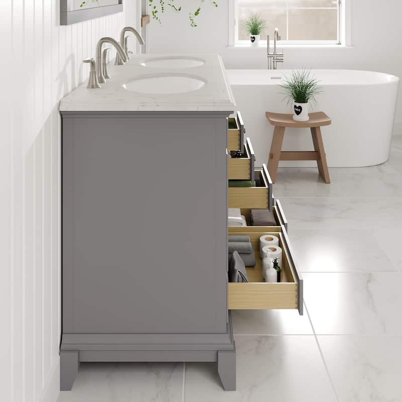 Eviva Elite Stamford 48"W x 22"D Gray Double Sink Vanity with White Carrara Quartz Vanity Top