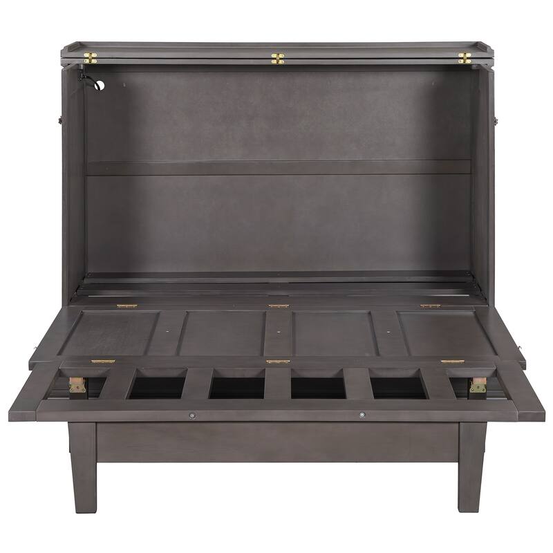 Solid Pine Wood Murphy Bed Chest Cube Cabinet Bed with Charging Station and Large Storage Drawer