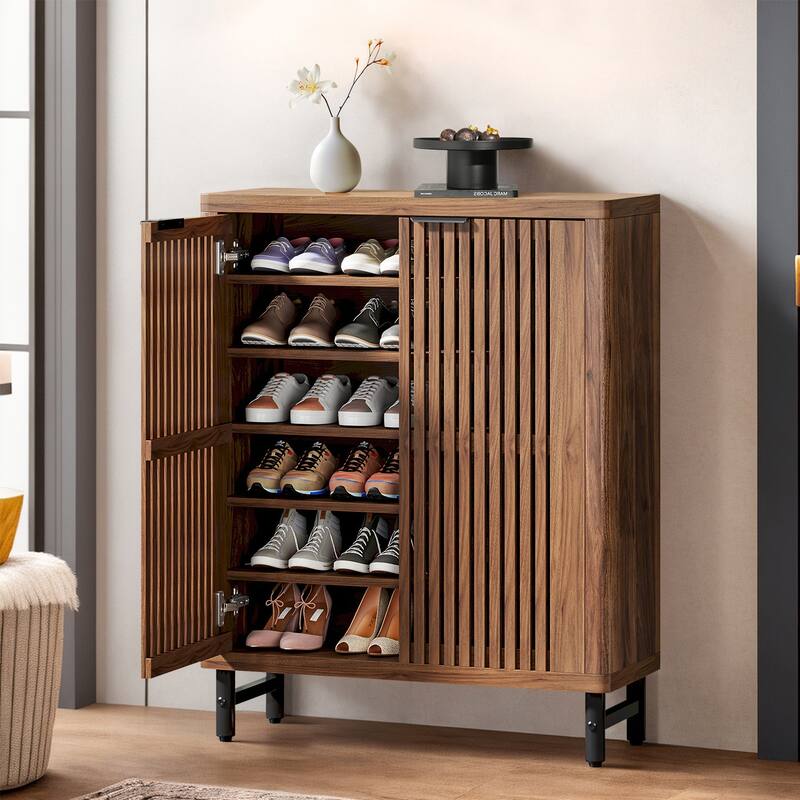 6-Tier Wooden Shoe Cabinet with Louvered Doors and Adjustable Shelves - Brown