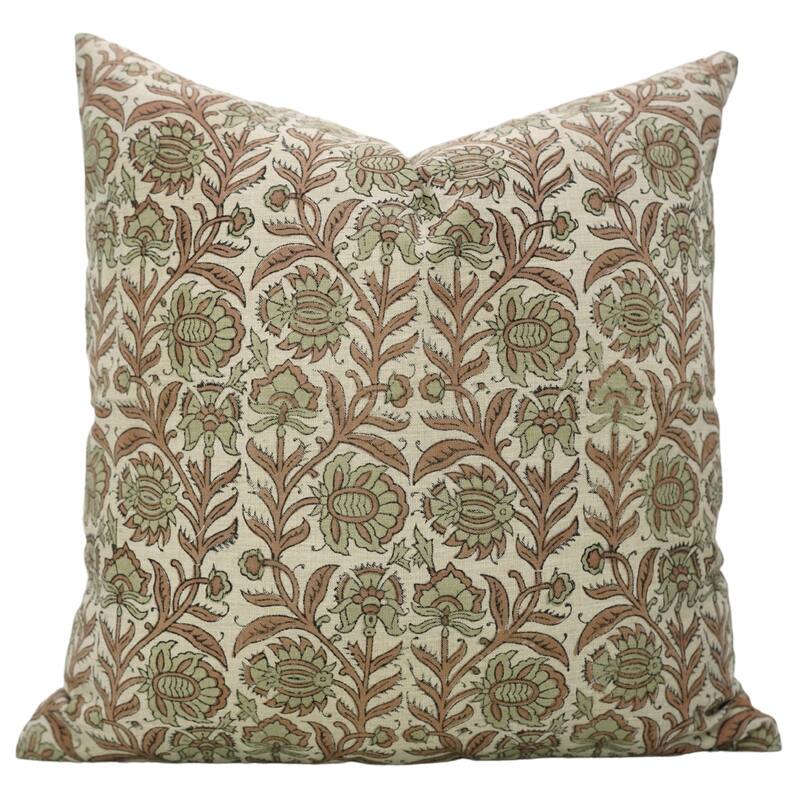 Fabdivine Floral Throw Fall Summer Décor Pink Pillow Cover Handmade Linen, for Farmhouse Guest Room or Couch, Custard Apple - Jaipuri Jaal- Green, Brown - 20" x 20" - Pillow Covers