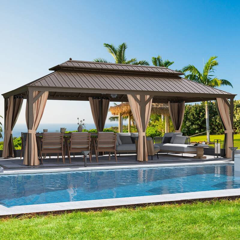 Erommy Pro Series Outdoor Galvanized Steel Roof Gazebo Pergola w/ Aluminum Frame & Vertical Rain Cutter