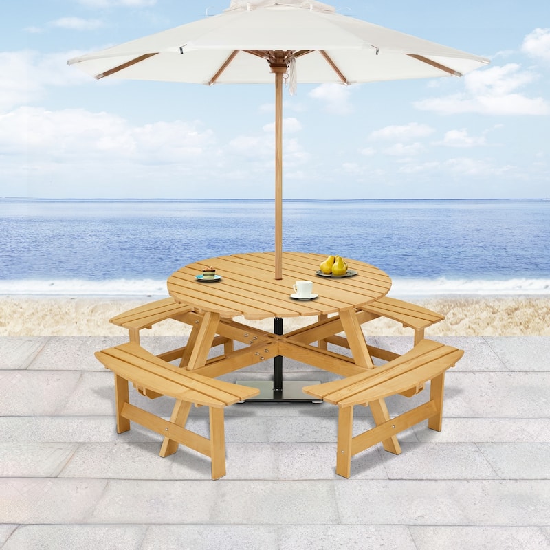 Outdoor 8 Person Picnic Table with a umbrella Hole,4 built-in benches