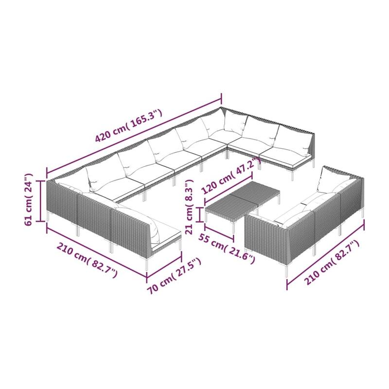 vidaXL Patio Lounge Set Outdoor Sectional Sofa Set Table Poly Rattan Dark Grey - 27.6" x 27.6" x 24"