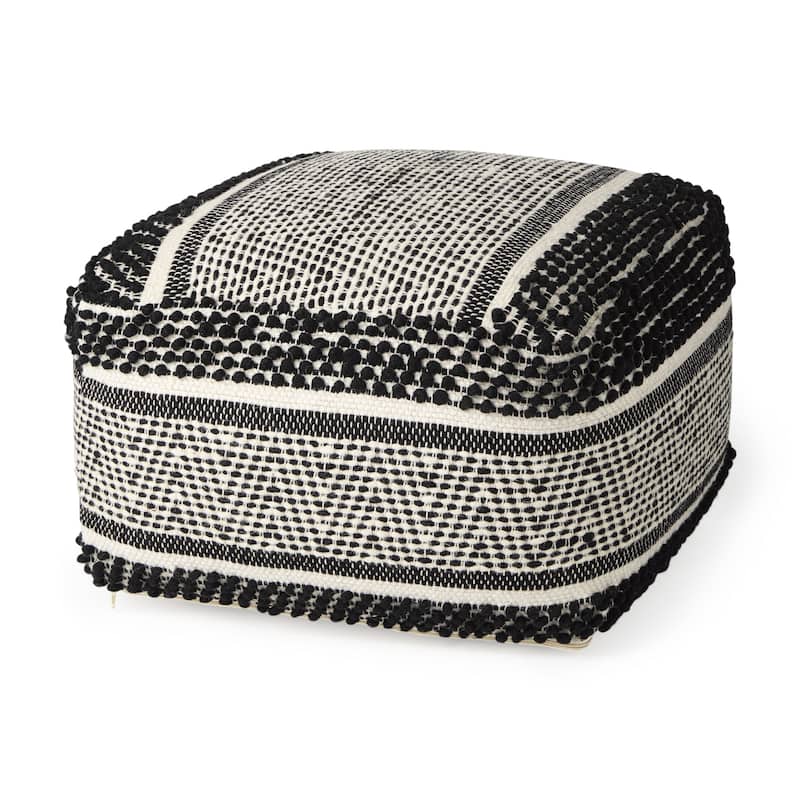 HomeRoots 22" Black and White Cotton And Wool Geometric Pouf Ottoman