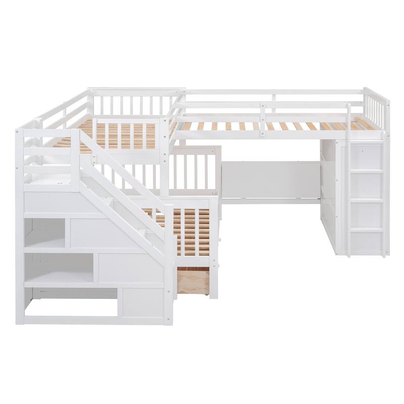 L-Shaped Twin Over Full Bunk Bed with Drawers, Desk, and Wardrobe, White