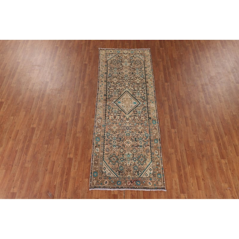 Geometric Hamedan Persian Vintage Runner Rug Handmade Wool Carpet - 3'5" x 9'5"