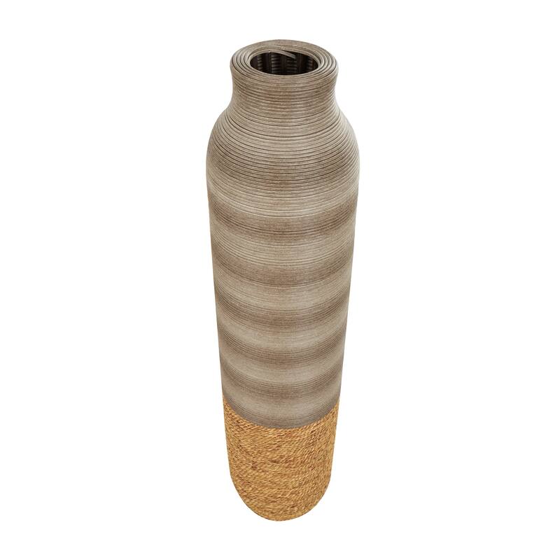 Brown Seagrass Handmade Ribbed Decorative Vase with Coiled Seagrass Base