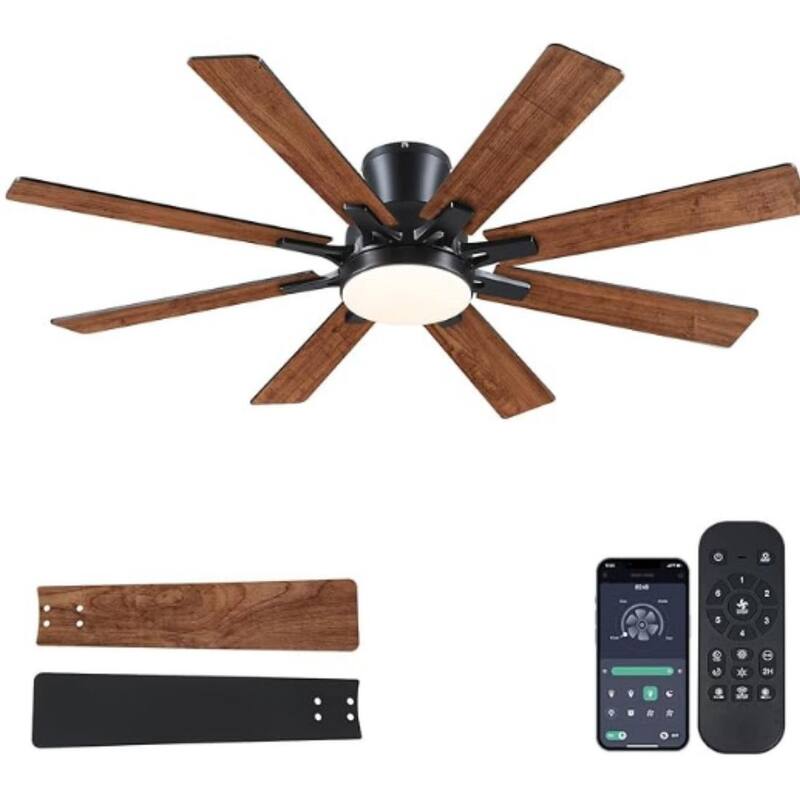 52 Inches Low Profile Ceiling Fan with LED Integrated,Retractable Blades,Remtoe and APP Control,for Bedroom,Living Room - Brown