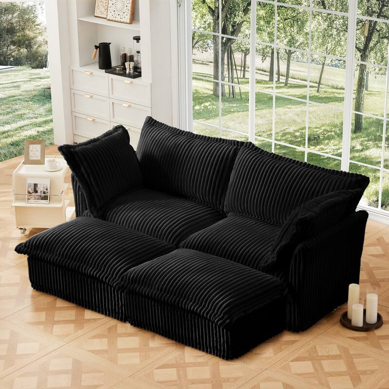 Slipcovered Corduroy 2-Seater Sofa with 2 Ottomans - Black