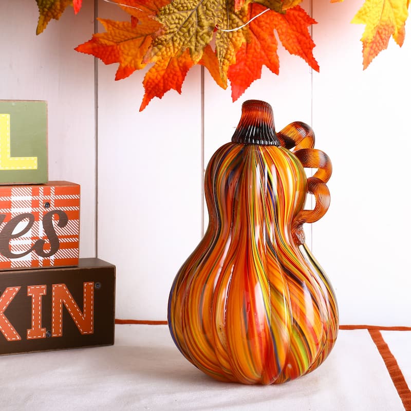 Glitzhome Multi Striped Fall Harvest Glass Pumpkins Halloween Thanksgiving Festival Decorations