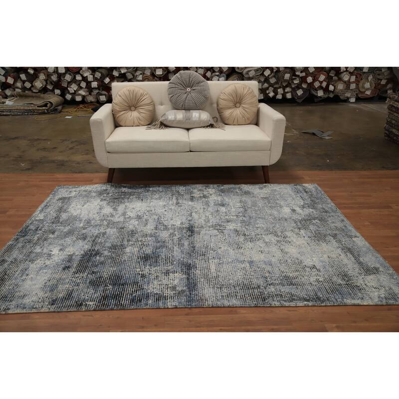 Hand Knotted Oriental Viscose Silk Carpet Modern All-Over Greys & Charcoal Abstract Area Rug - 7' 8'' X 5' 6''