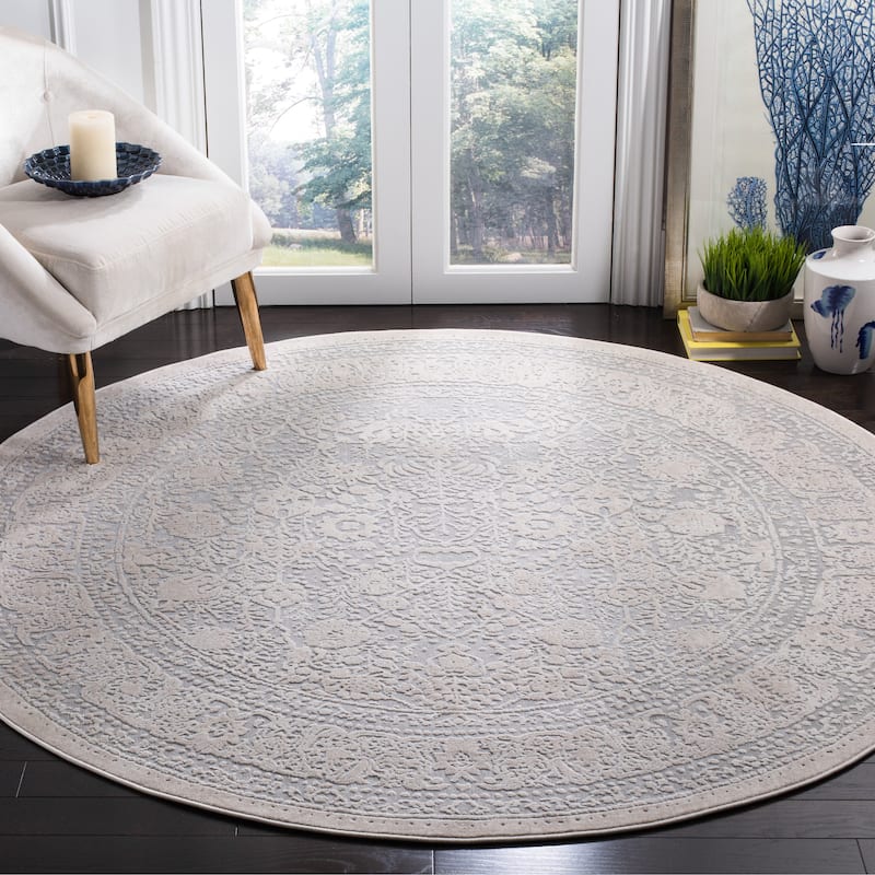 SAFAVIEH Reflection Zadie Modern Oriental Polyester Rug - 5' Round - Light Grey/Cream