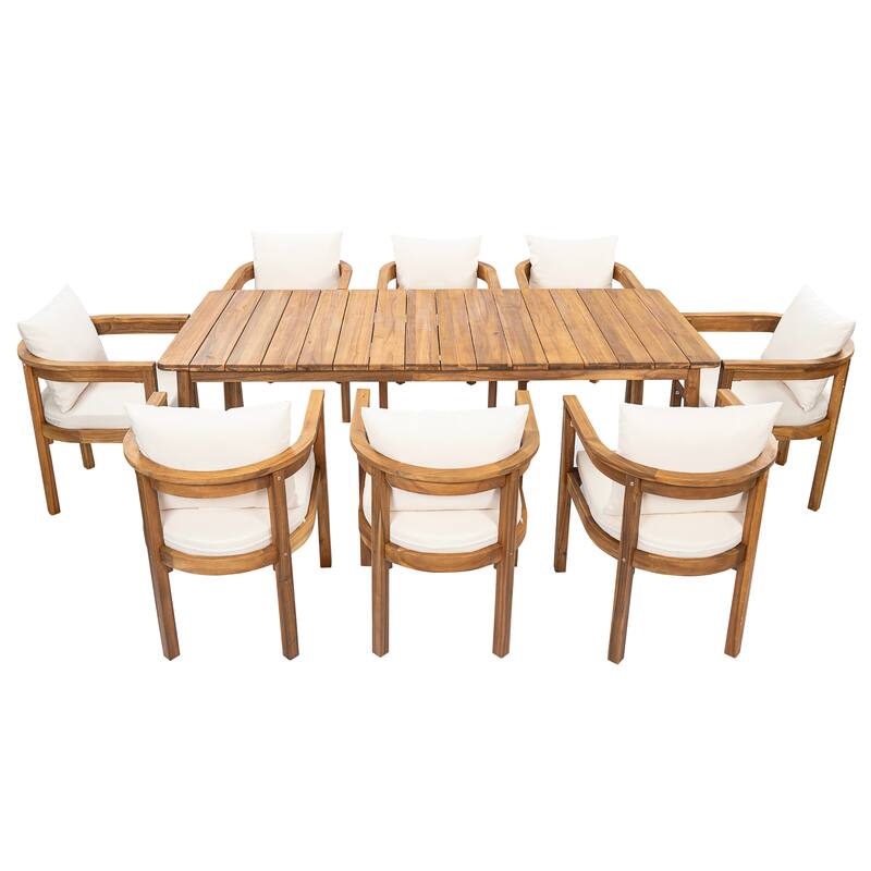 Christopher Knight Home - Outdoor Solid Acacia Wood Dining Set with Cushioned Chairs and Large Rectangular Table