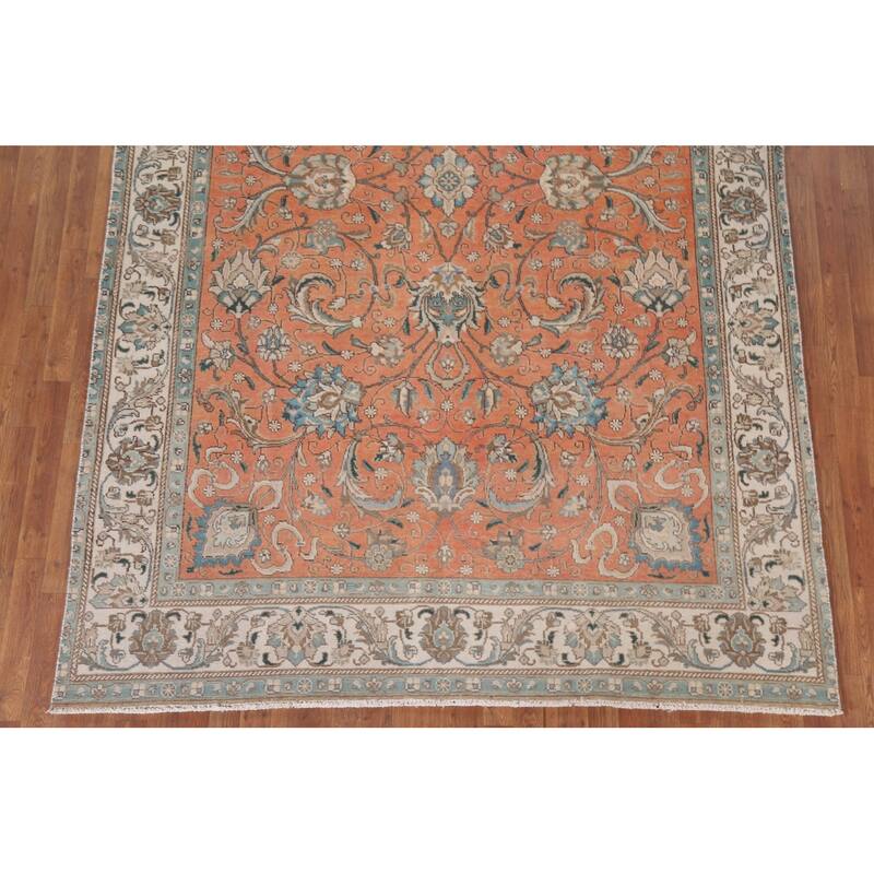 Hand Knotted Oriental 100% Wool Carpet Traditional All-Over Oranges & Rust Tabriz Area Rug - 10' 11'' X 7' 1''