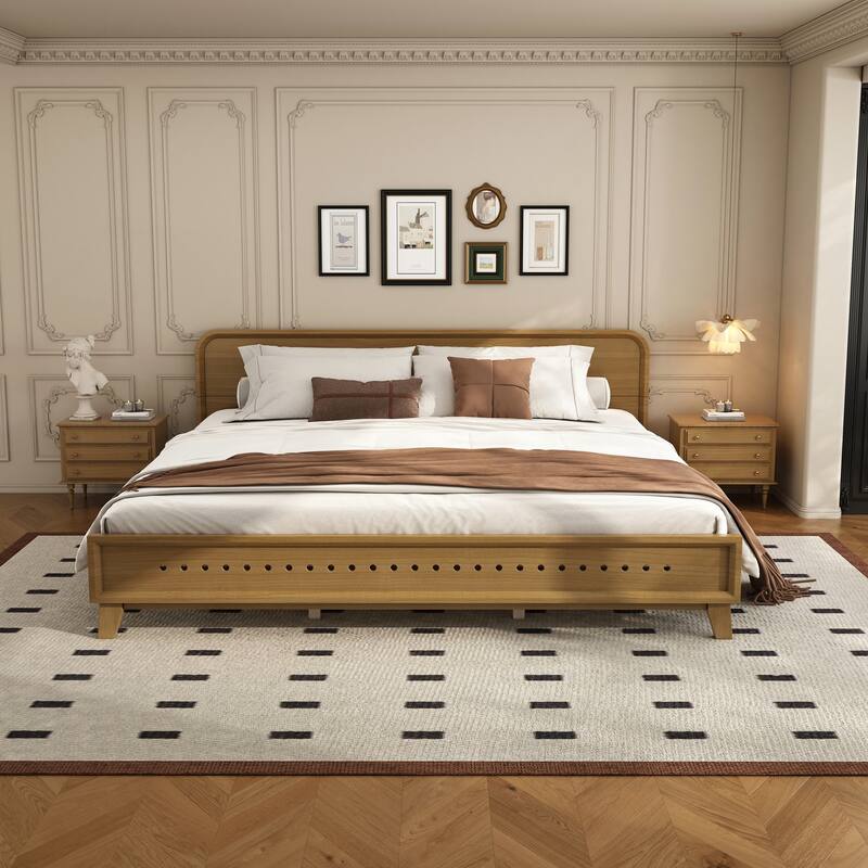 Pine Solid Wood Bed with Timeless Design Easy Assemble - Yellow - King