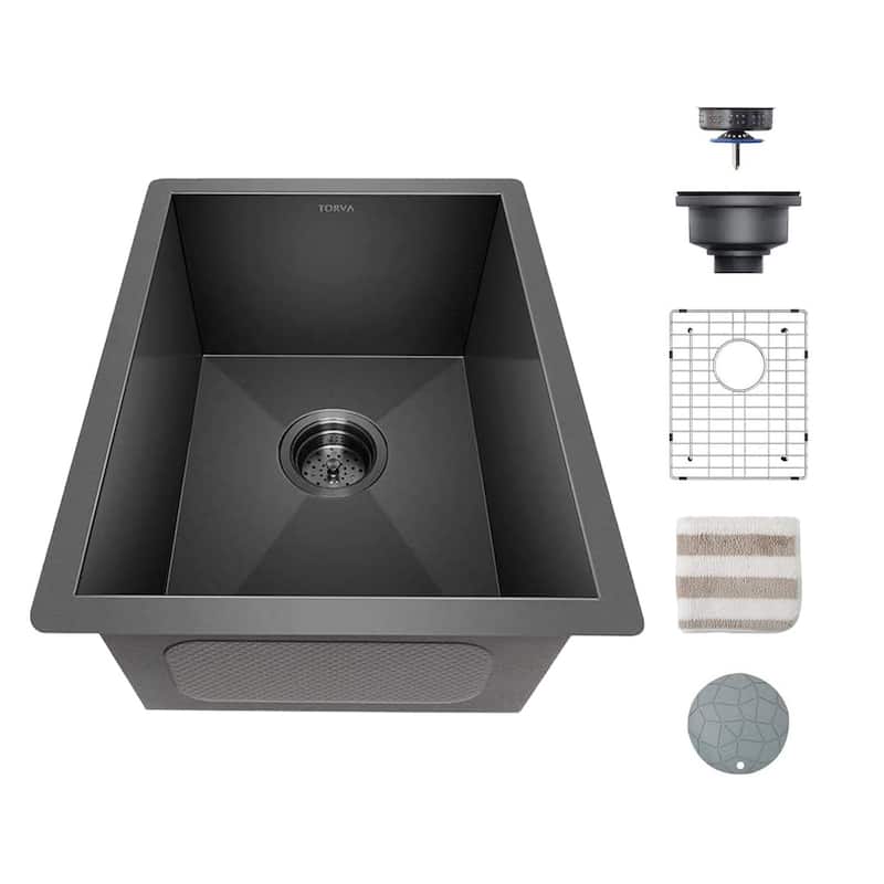 Black Kitchen Sink, 16 Gauge Stainless Steel Single Bowl Undermount Sink-15 x 17 x9 - Black