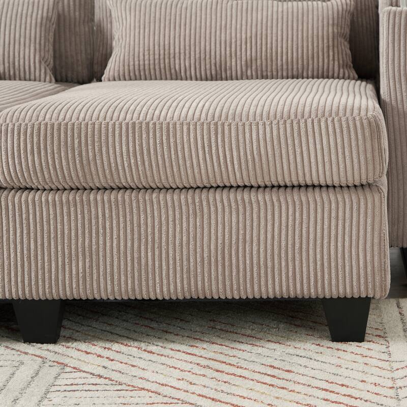 Convertible Sleeper Sofa Chaise Lounge with Movable Backrest, Corduroy Reading Chair with USB Ports, Cup Holders & Phone Holder