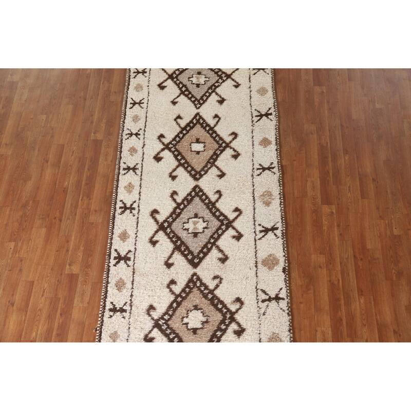 Plush Geometric Anatolian Turkish Runner Rug Hand-knotted Wool Carpet - 3'7"x 11'2"